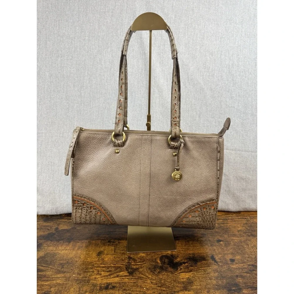 RARE Vintage Brahmin‎ Taupe stone Leather Croc-Embossed trim & handle Handbag